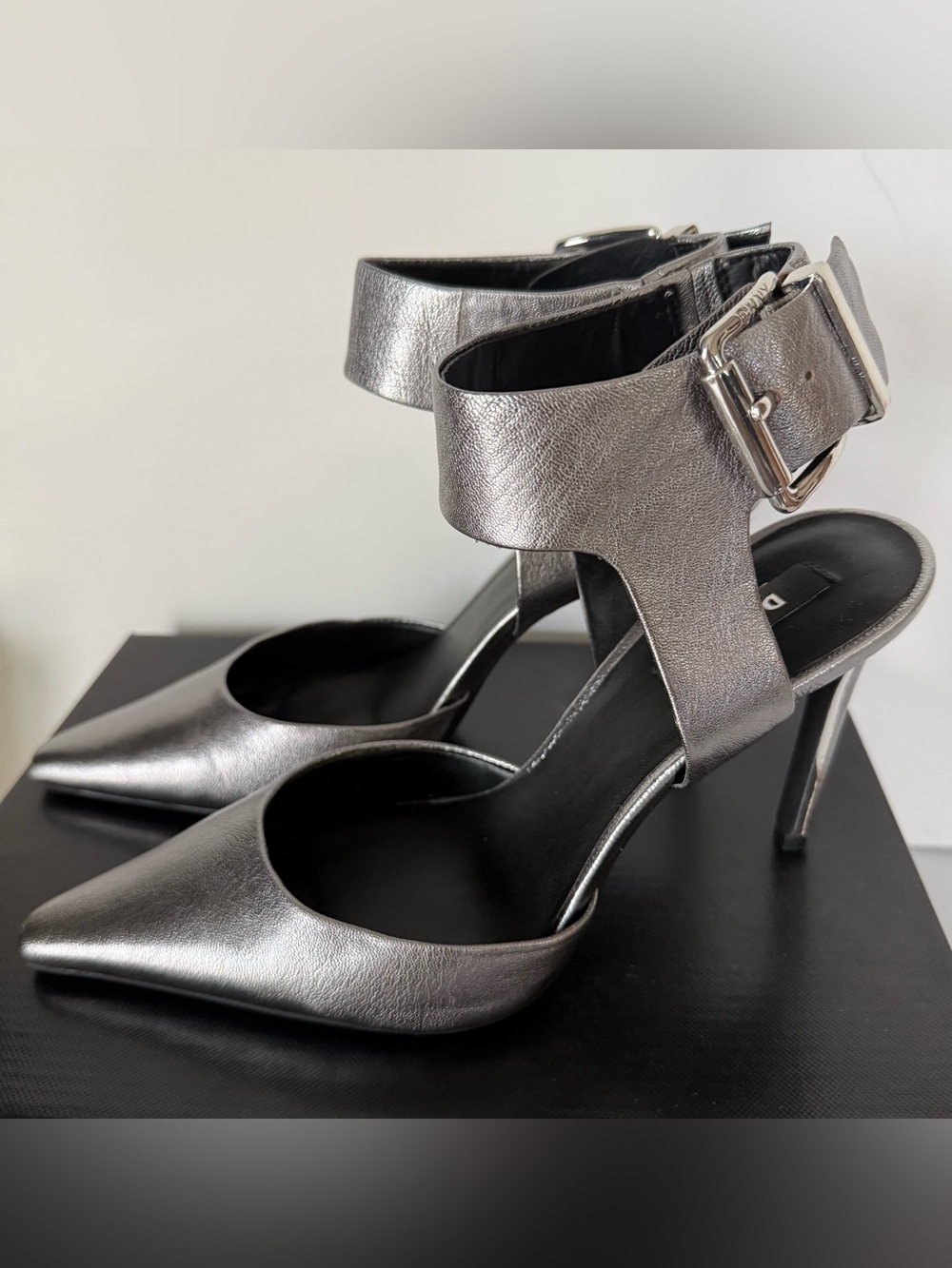 DKNY Rekka Metallic Pewter Ankle Strap Heels Size 9